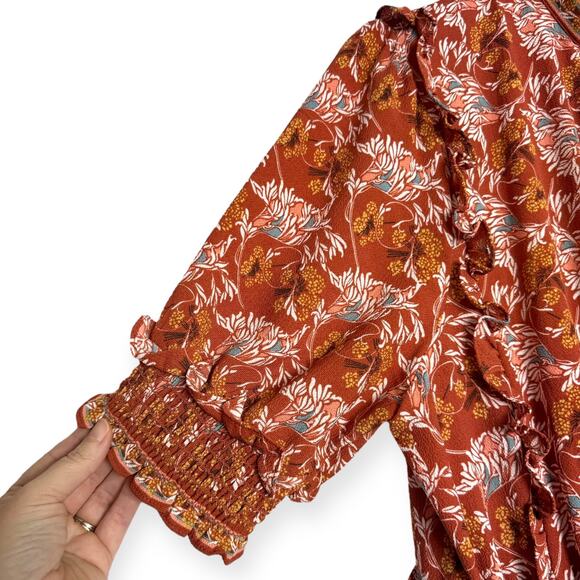 Max Studio Burnt Orange Floral Ruffled Tiered Smocked Maxi Dress Women's Size XL - Picture 5 of 11